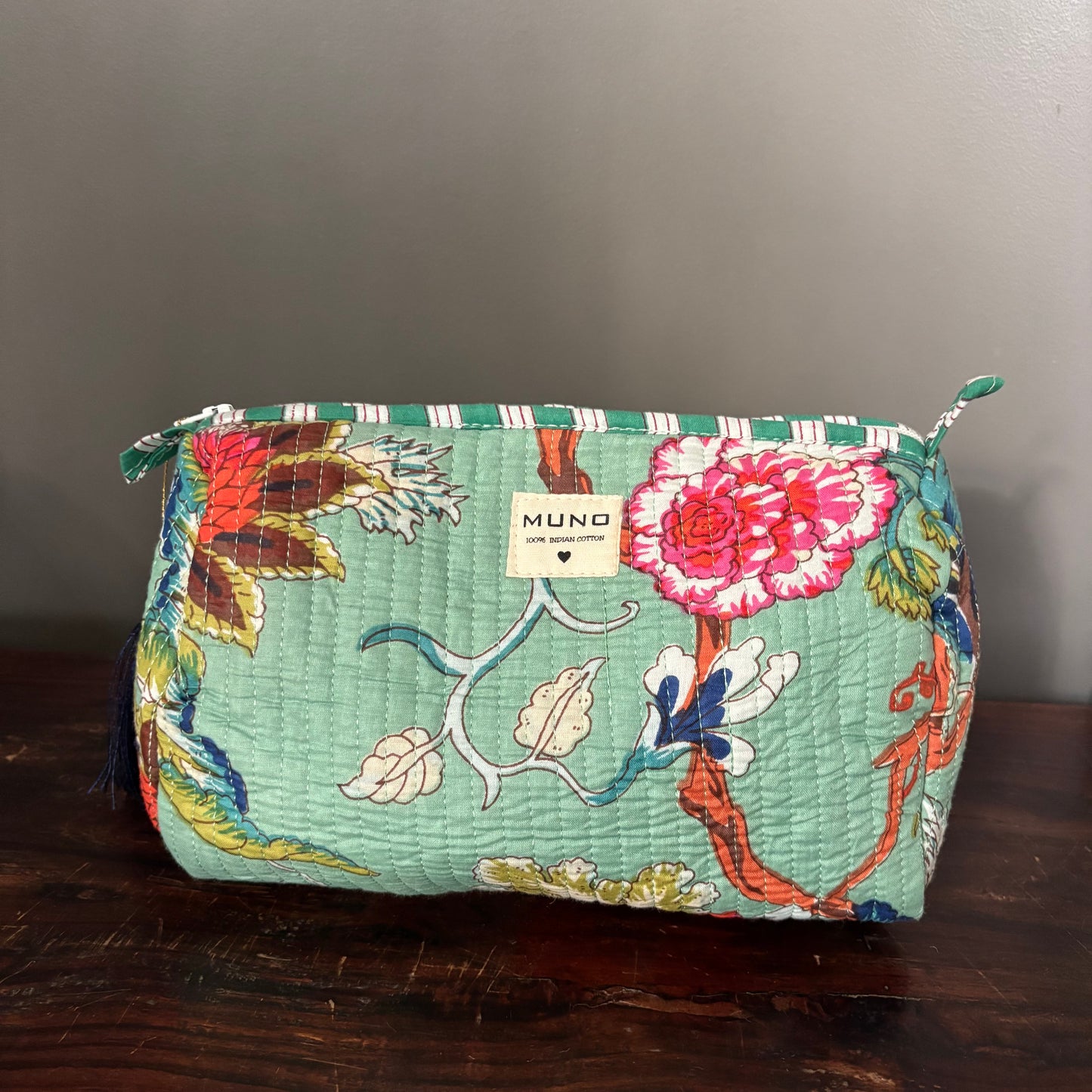 Water Green Cotton Toiletry Pouch  - Flowered