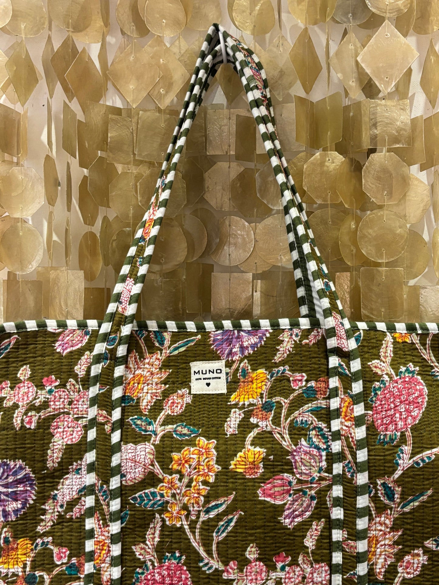 Quilted Kakhi Flowered Cotton Tote Bag