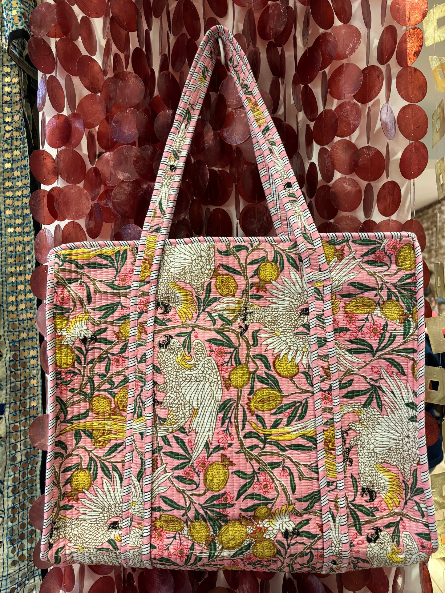 Quilted Pink Cranes Cotton Tote Bag with zip