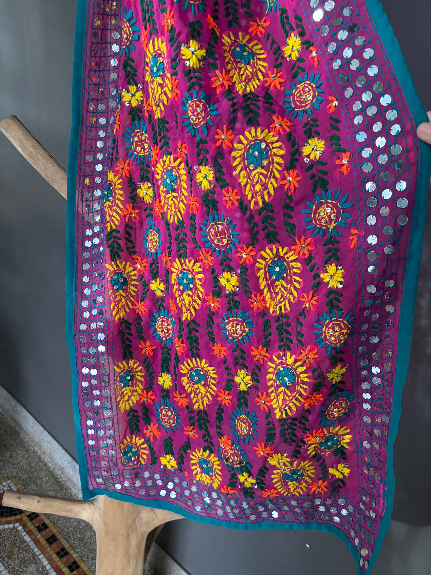 Hand-Embroidered Floral Phulkari Scarf