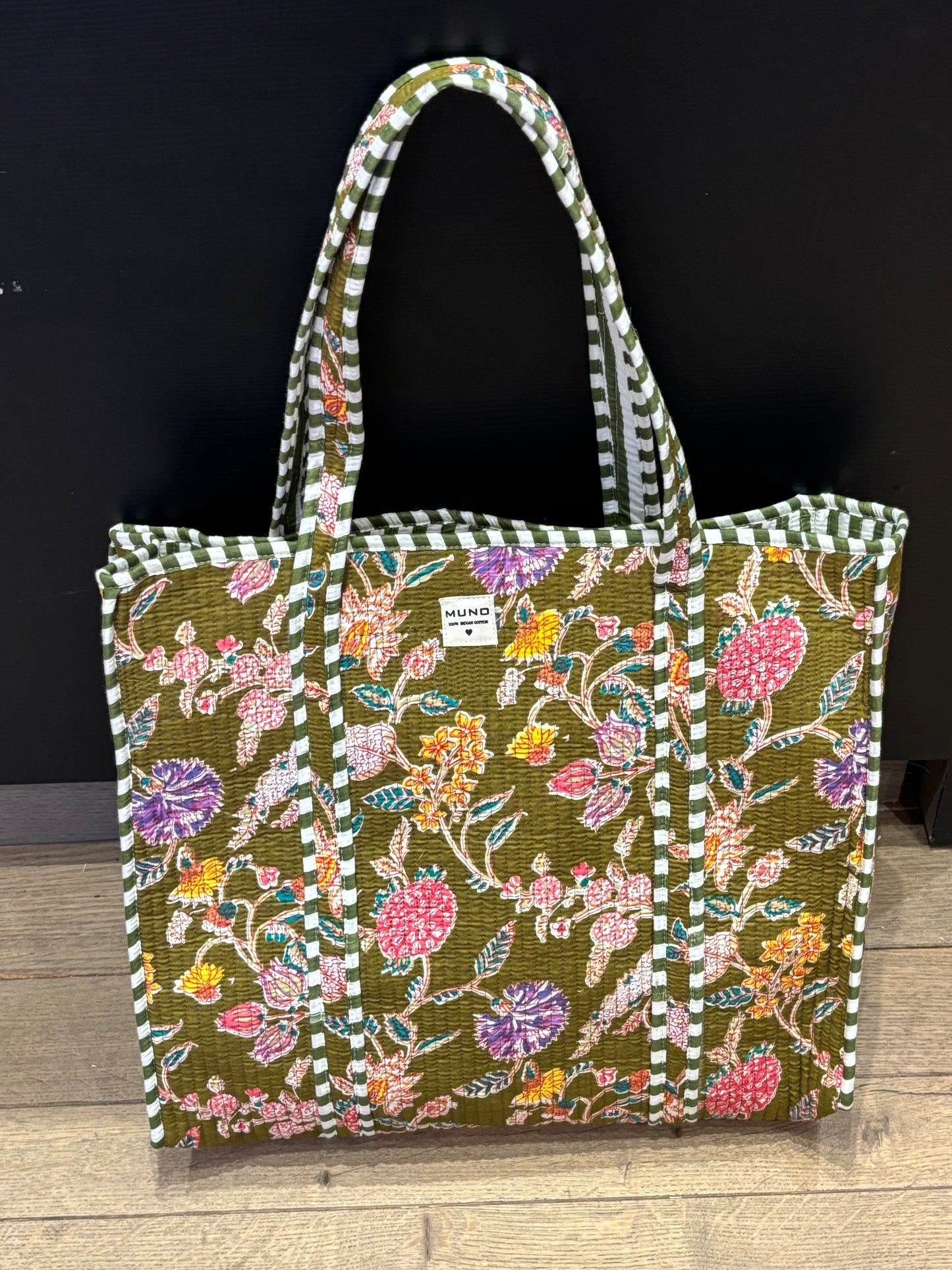 Quilted Kakhi Flowered Cotton Tote Bag