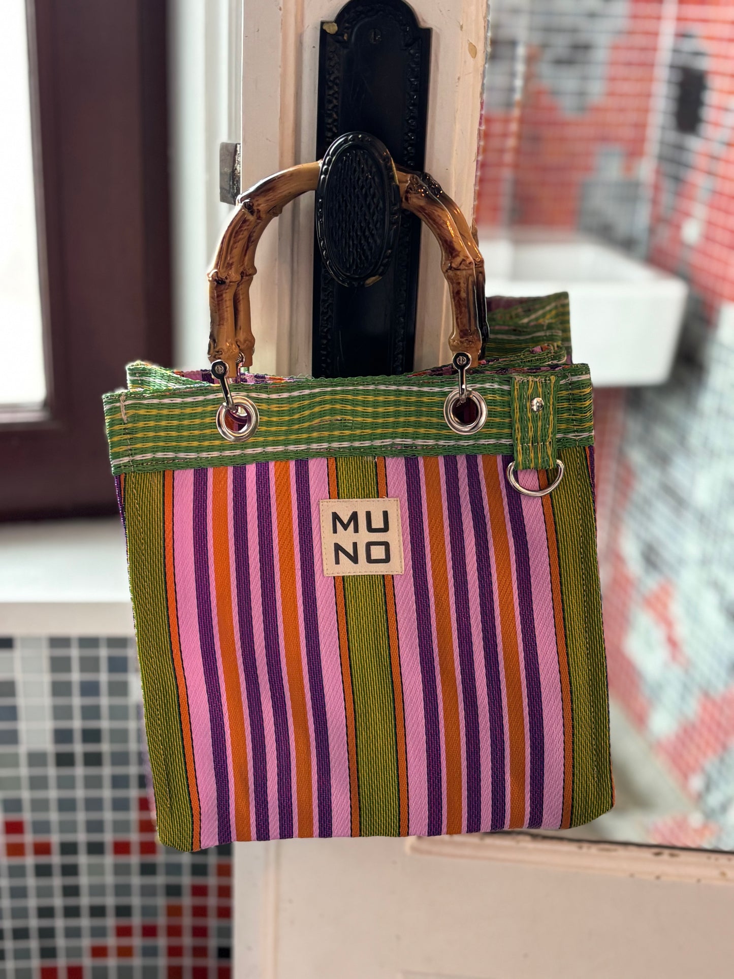 Nylon Mini Tote with Bamboo Handle - Lime Zest
