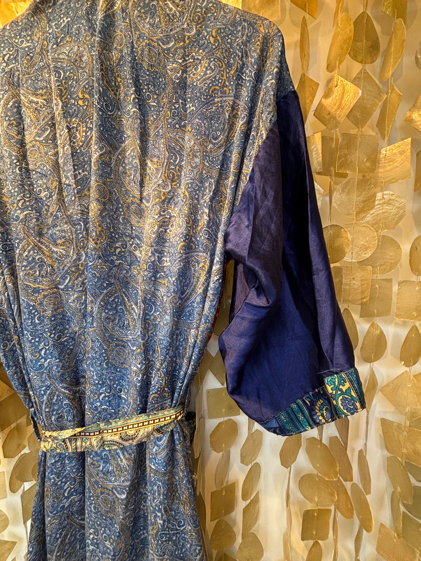 Silk Patchwork Kimono Robe – Red Blue