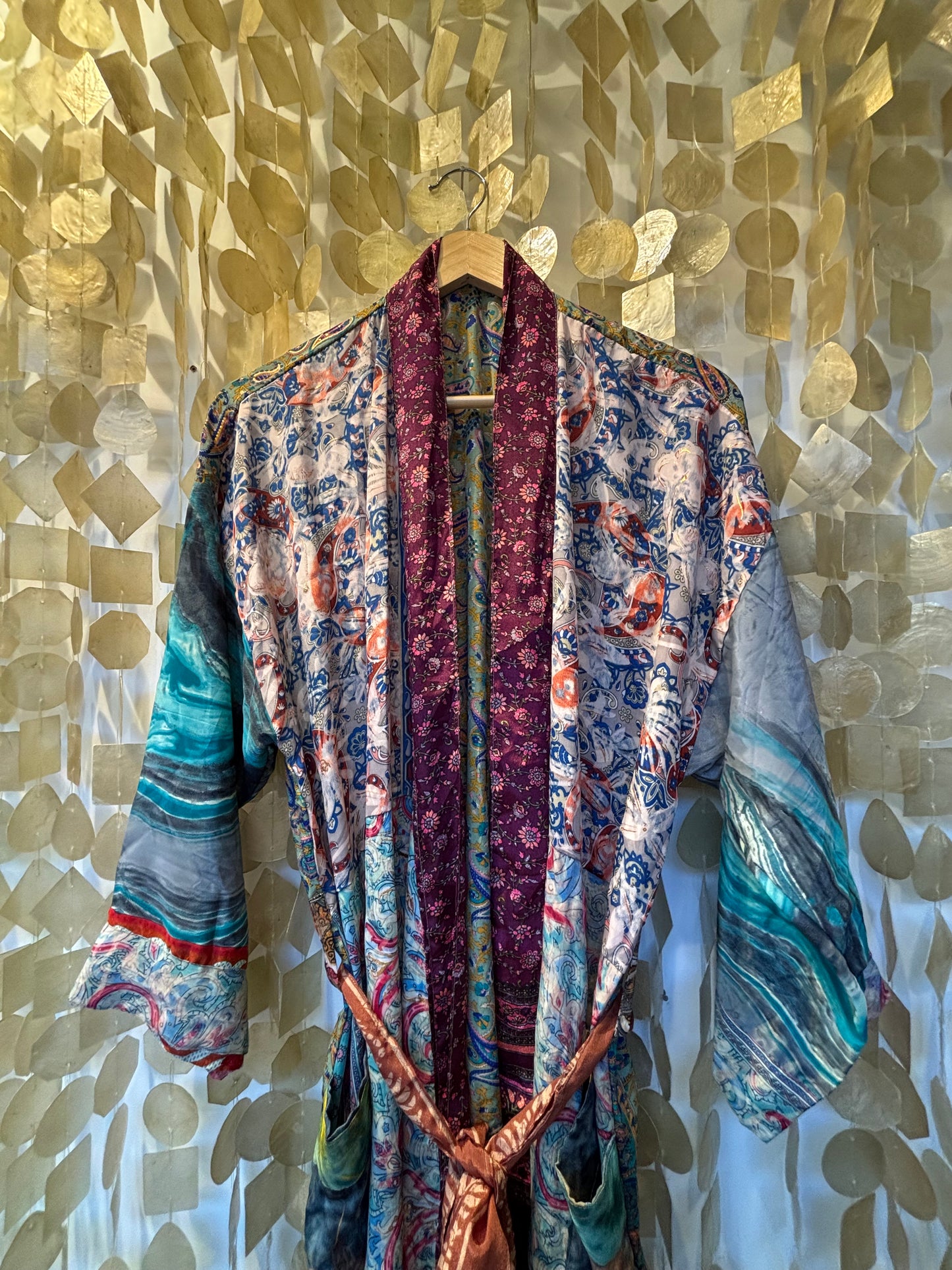 Silk Patchwork Kimono Robe – Blue Waves