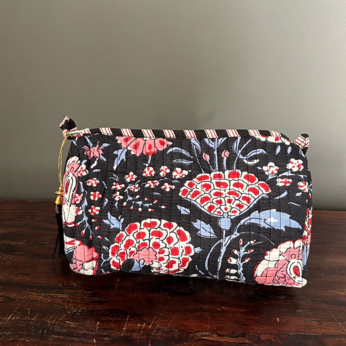 Blue Cotton Toiletry Pouch  - Flowered