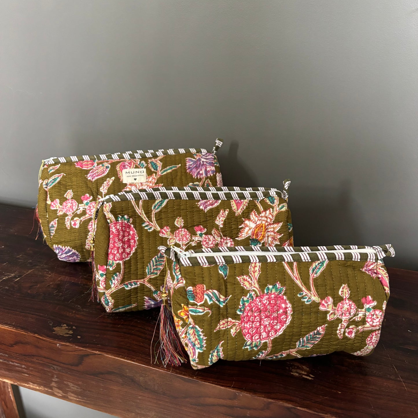 Khaki￼ Cotton Toiletry Pouch  - Flowered