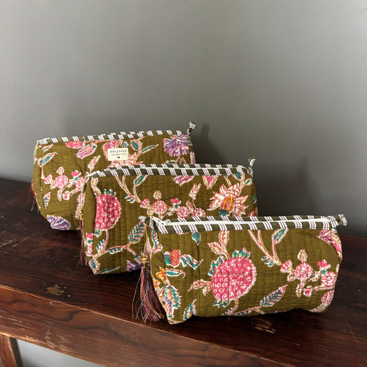 Khaki￼ Cotton Toiletry Pouch  - Flowered